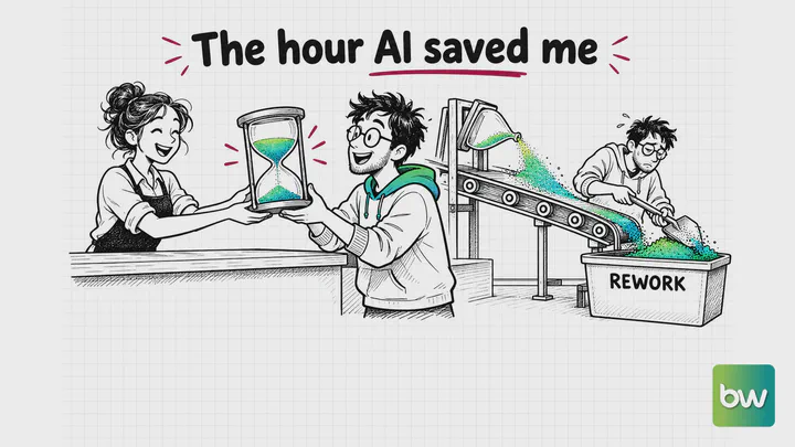 Vibe coding meme: a developer receives an hourglass of saved time while the AI output pours into a rework bin