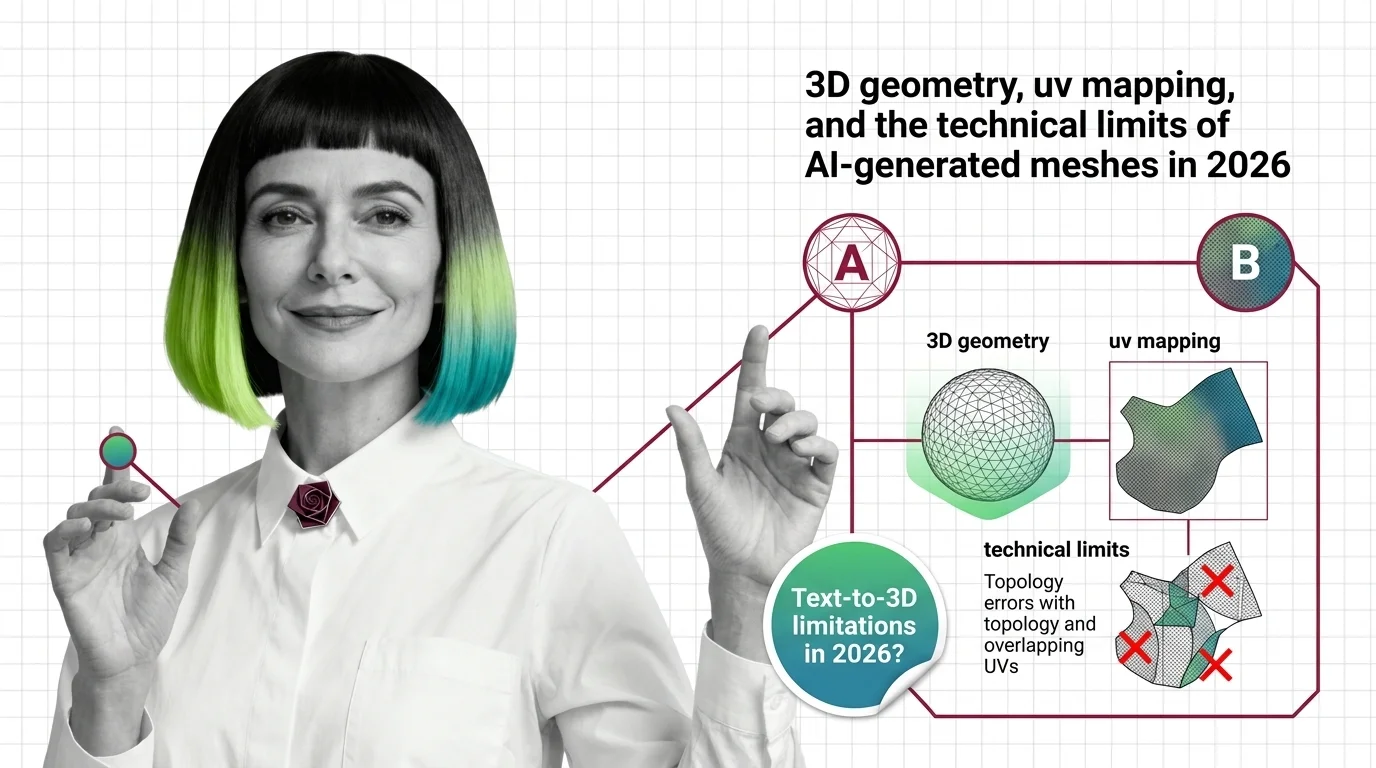 3D mesh wireframe exploding into UV island fragments against a dark geometric background