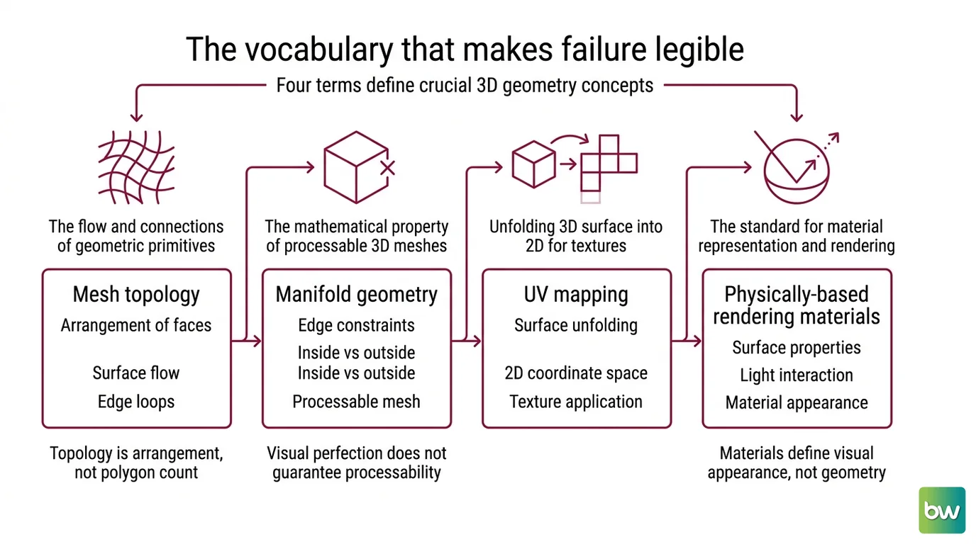 Three-panel diagram showing mesh topology errors, UV island layout failures, and Janus face artifacts in AI-generated 3D models