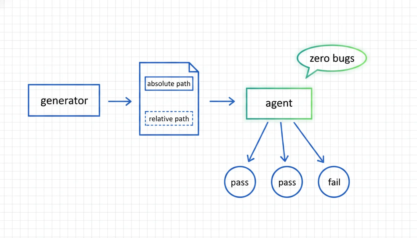 Line-art diagram of a flaky AI agent — a deterministic generator hands the agent a brief holding both an absolute path and a relative path, and three identical runs end in pass, pass and fail