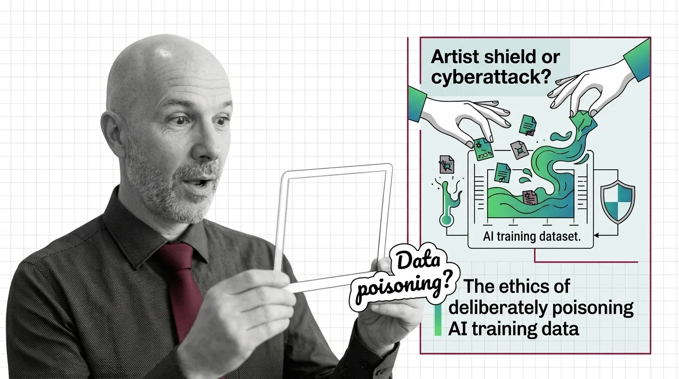 Training data corruption representing the blurred boundary between artist self-defense and adversarial cyberattack in AI