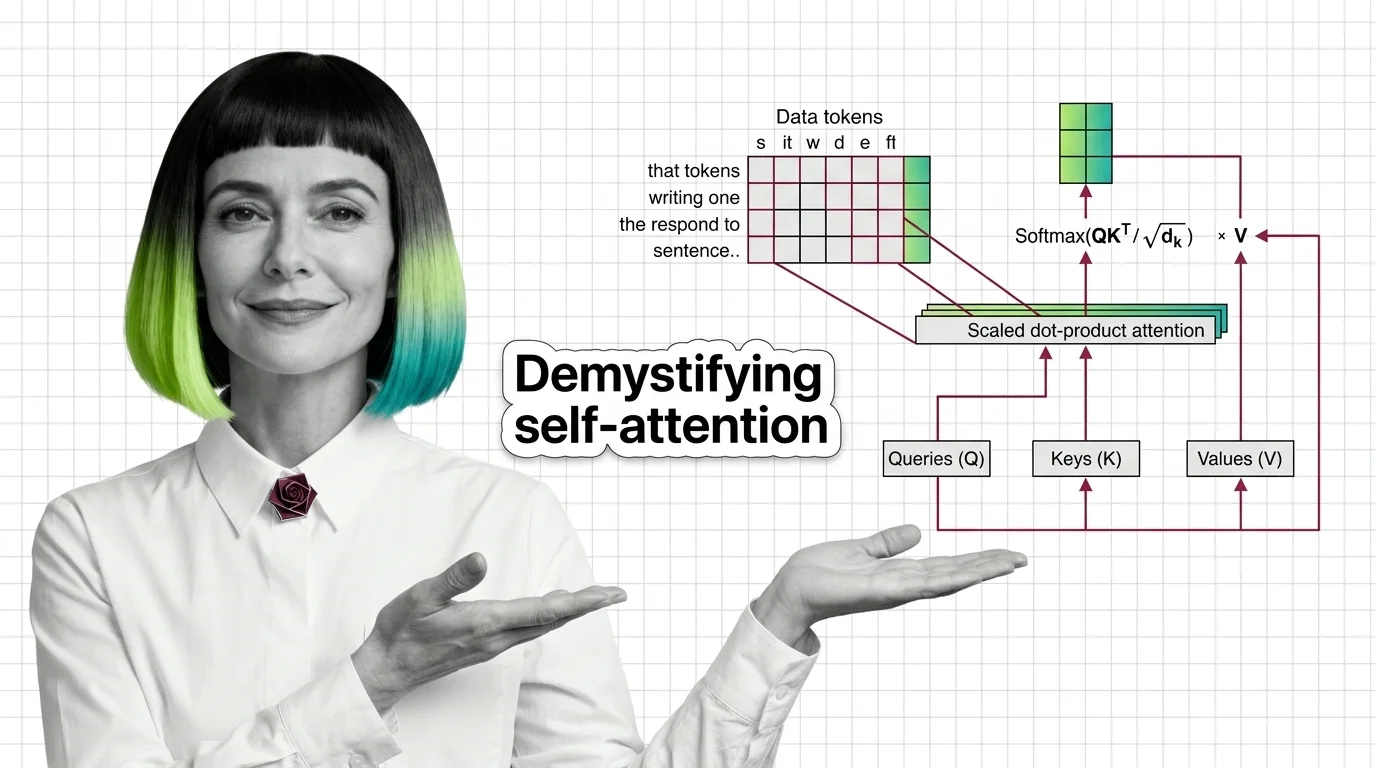 Abstract geometric visualization of query key and value vectors converging through a scaled dot-product attention matrix