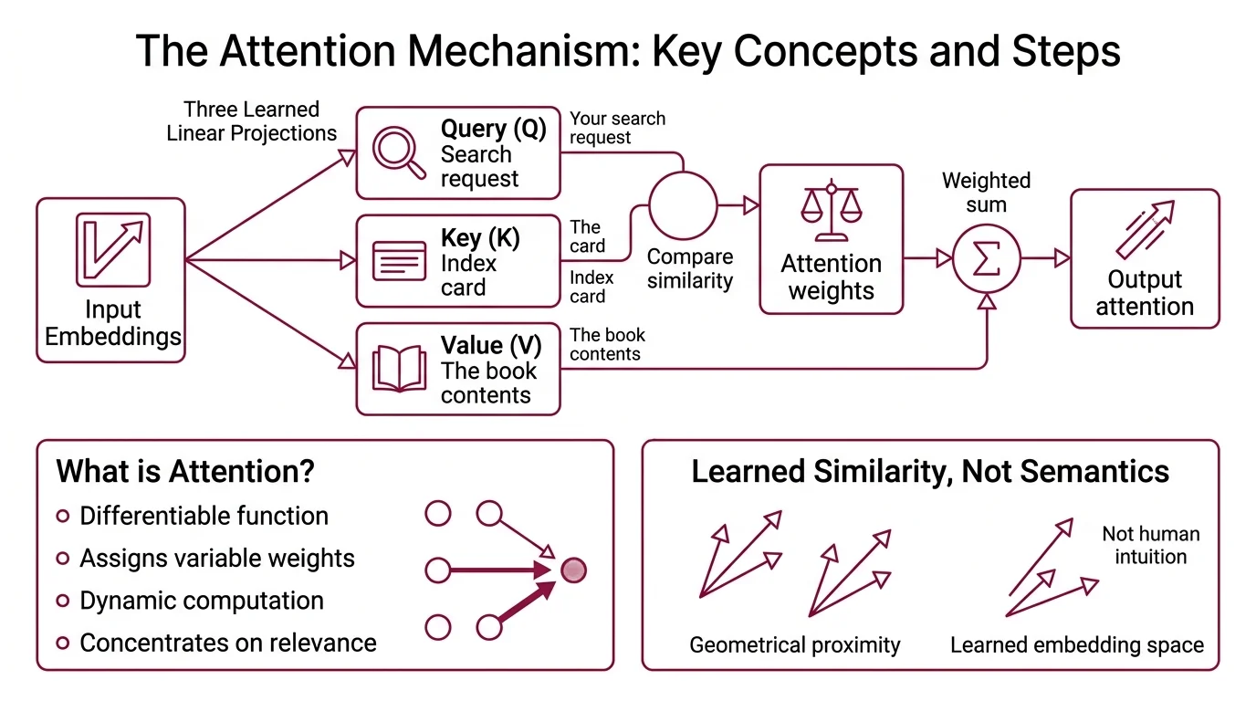 Diagram showing the flow from input embeddings through Q, K, V projections, dot-product scoring, scaling, softmax normalization, and weighted value summation