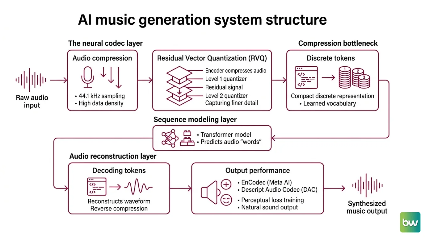 Diagram showing three-layer AI music generation pipeline: neural codec encoding waveform to tokens, transformer/diffusion model predicting token sequences, and codec decoder reconstructing audio