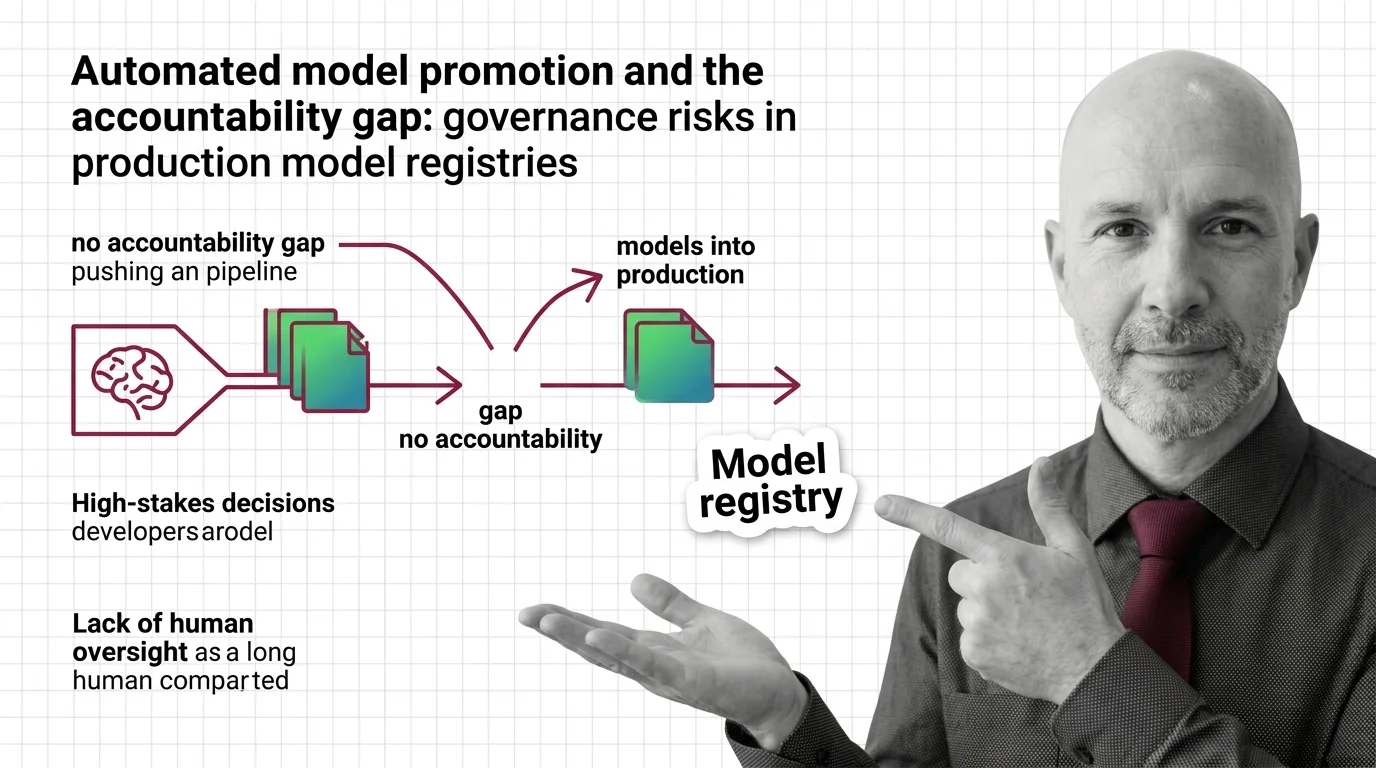 Automated pipeline diagram with a gap between model validation gates and human accountability in high-stakes AI deployment