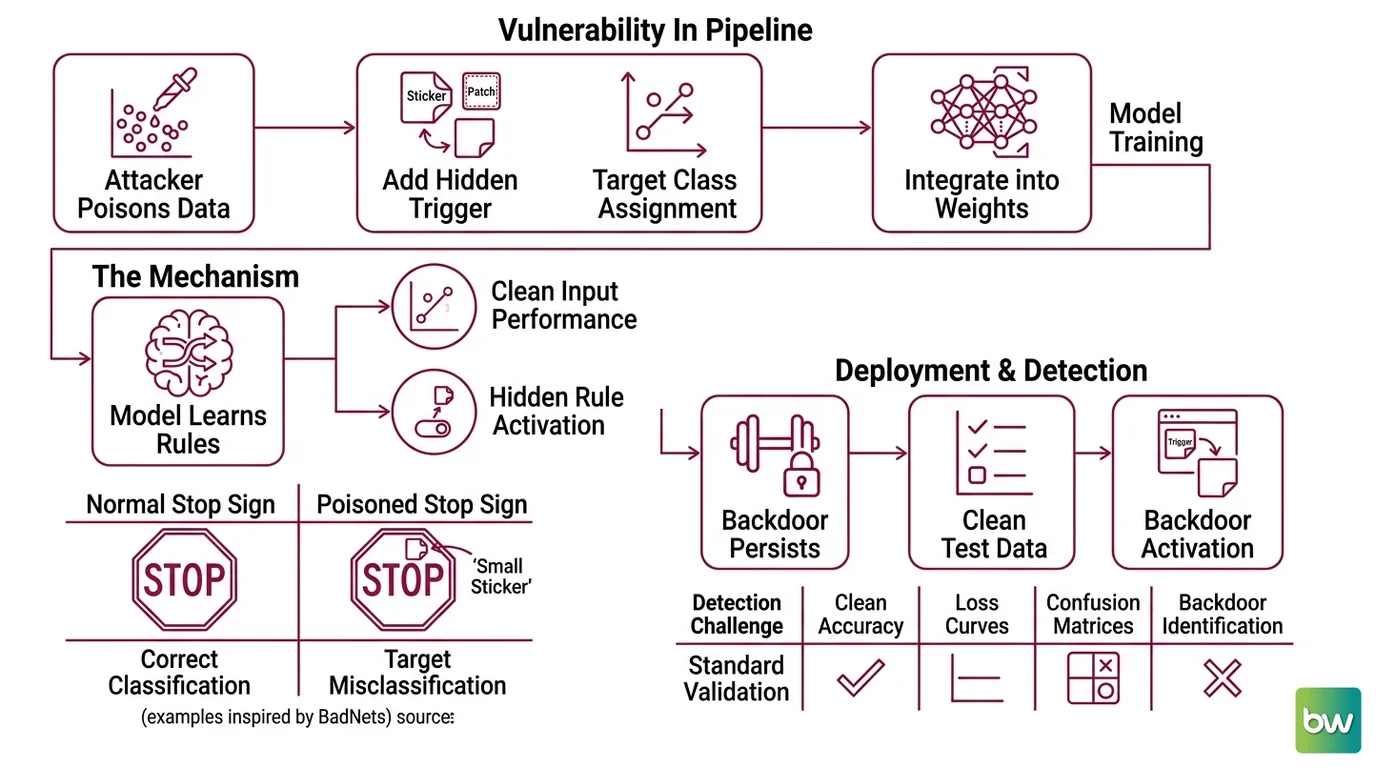 Three data poisoning attack vectors showing feature corruption versus label corruption versus trigger injection pathways