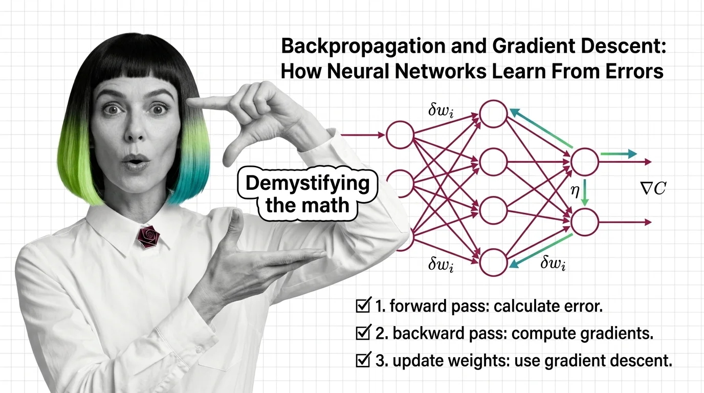 Gradient arrows flowing backward through layered neural network nodes toward a loss function surface