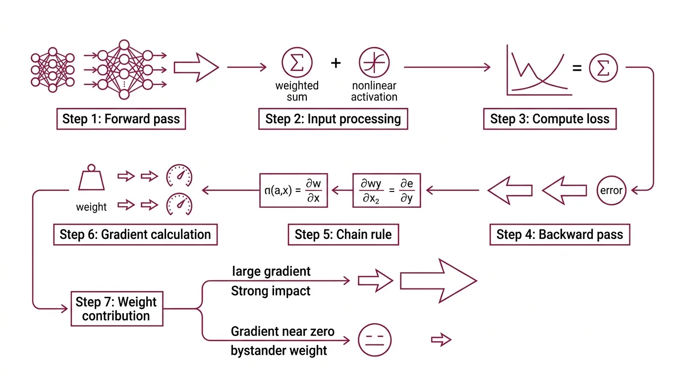 Diagram comparing forward pass and backward pass through neural network layers, showing gradient flow via chain rule decomposition