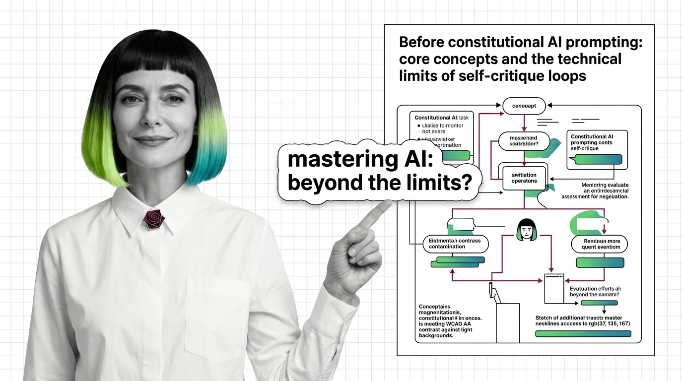 Abstract diagram of a self-critique loop with principle nodes and revision arrows on a dark background