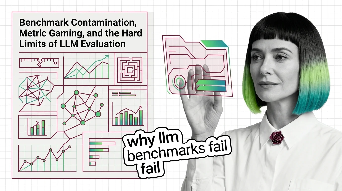 Abstract visualization of benchmark scores fracturing as contamination patterns distort evaluation metrics