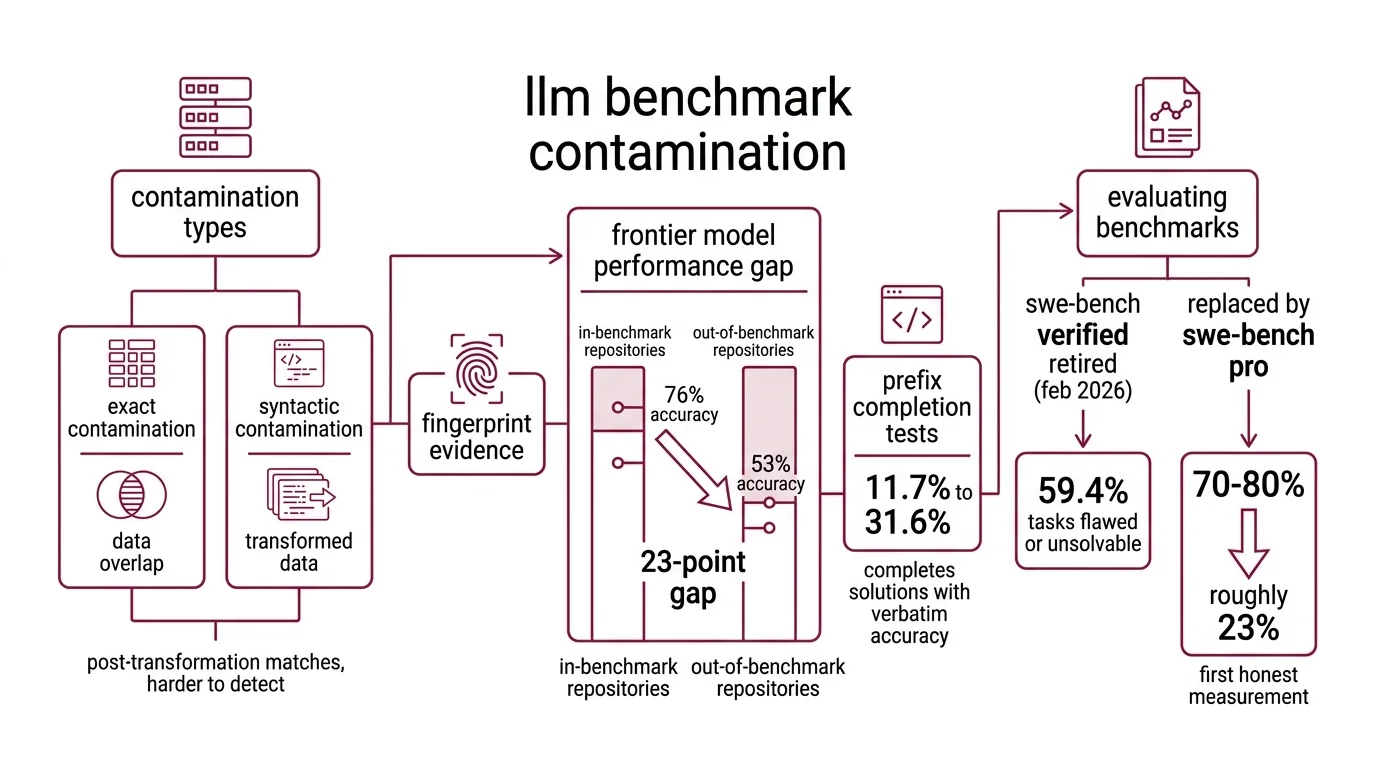 Diagram showing three failure modes — contamination, saturation, and metric circularity — creating a gap between reported LLM benchmark scores and actual real-world performance