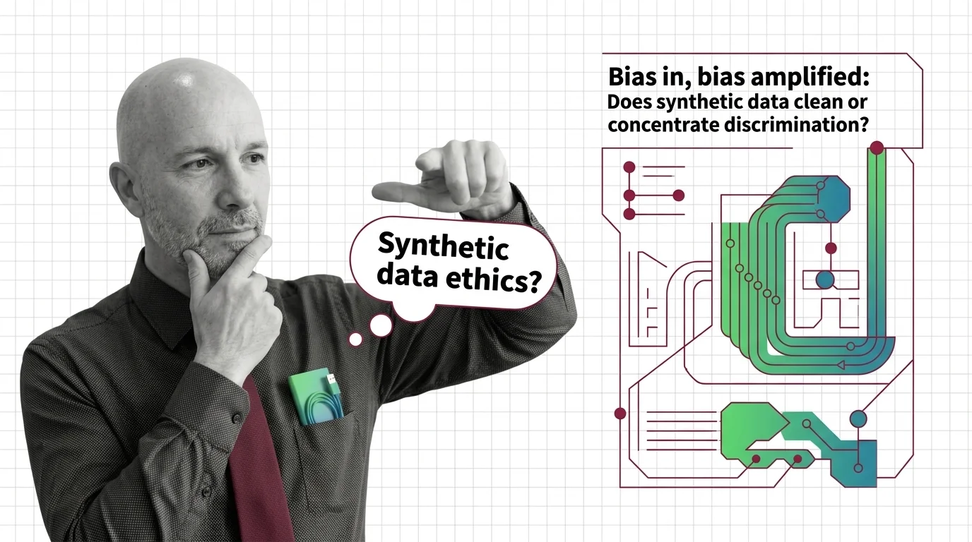 Conceptual visual of synthetic data reducing or amplifying discrimination bias in AI training datasets