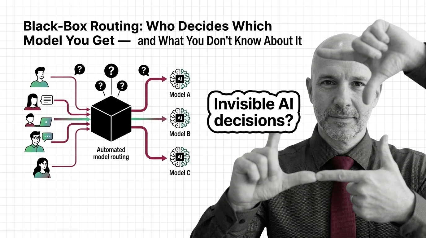 Abstract visualization of invisible AI routing decisions flowing through a gateway, representing algorithmic opacity in AI