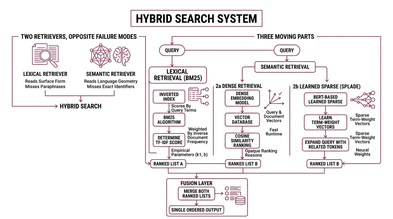 Hybrid search components flowing into a fusion layer that produces a single ranked list