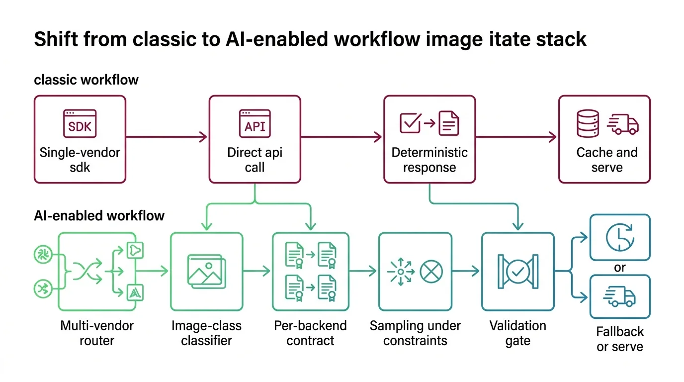 Shift diagram comparing single-vendor SDK calls with multi-vendor image routing pipelines