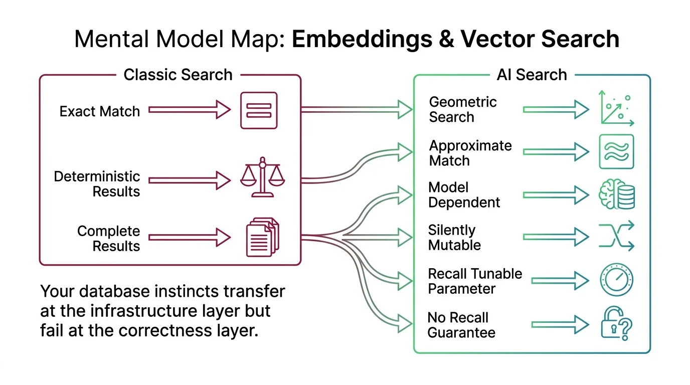 Mental model shift for developers moving from exact-match database search to approximate vector search