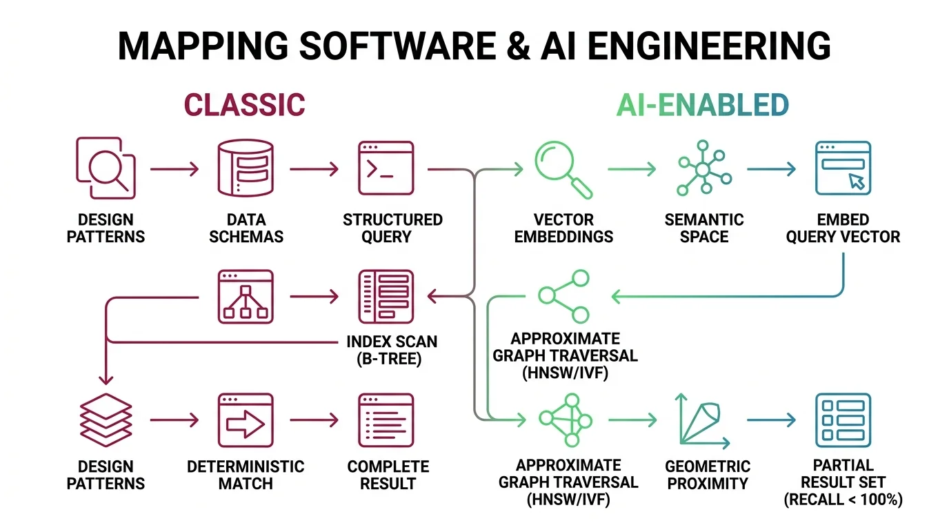 Shift diagram comparing classic database query returning complete results with vector search returning approximate results