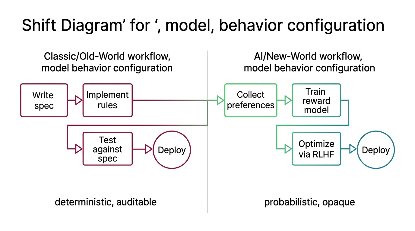 Shift diagram comparing specification-driven configuration versus RLHF preference-driven alignment
