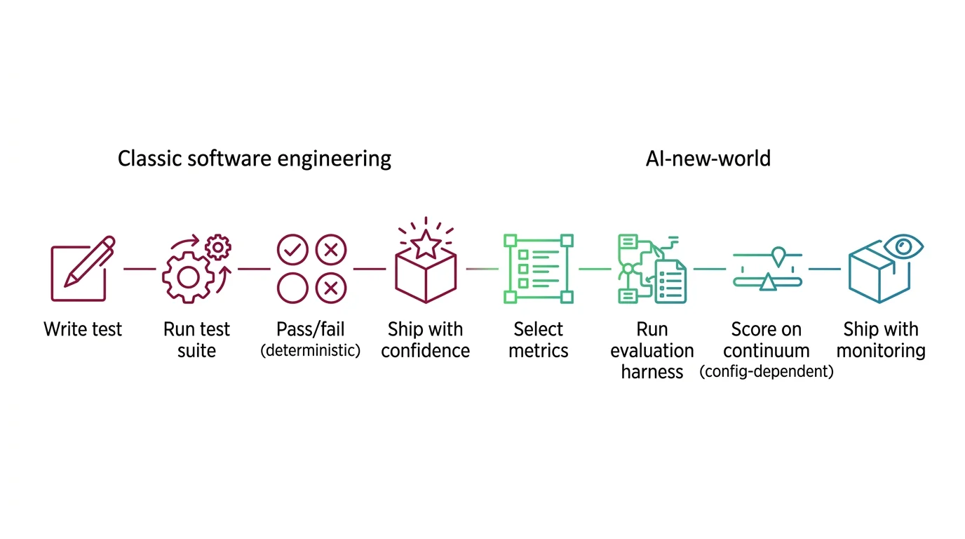 Shift diagram comparing classic software test workflow with AI model evaluation workflow