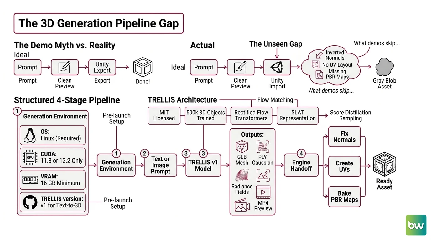 Four-stage text-to-3D pipeline diagram: TRELLIS generation, reference render, Hunyuan3D PBR baking, and Unity/Unreal GLB import