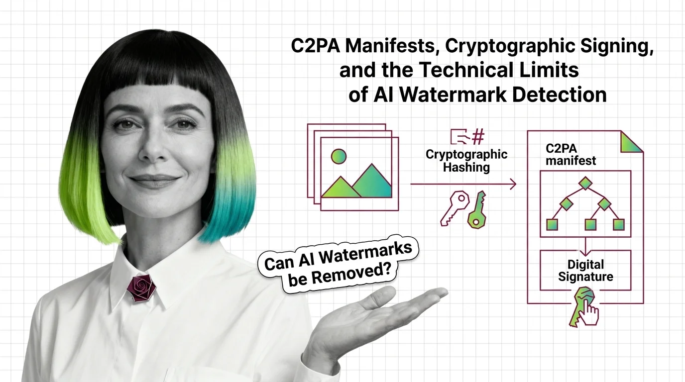 A layered manifest chain showing cryptographic signatures and certificates anchoring an AI image's edit history