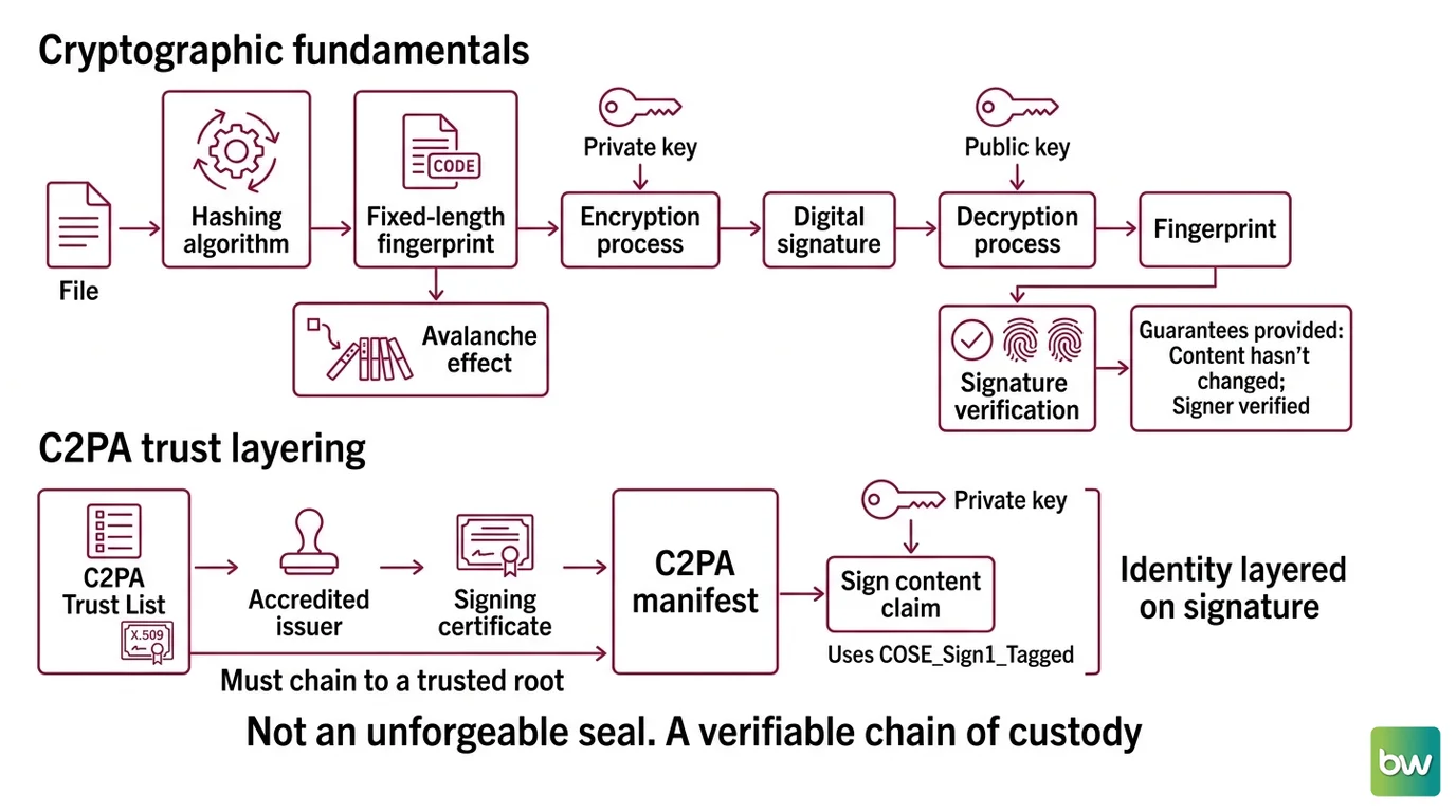 Side-by-side comparison of a C2PA manifest chain bound to file metadata and a steganographic watermark embedded inside pixel or token data