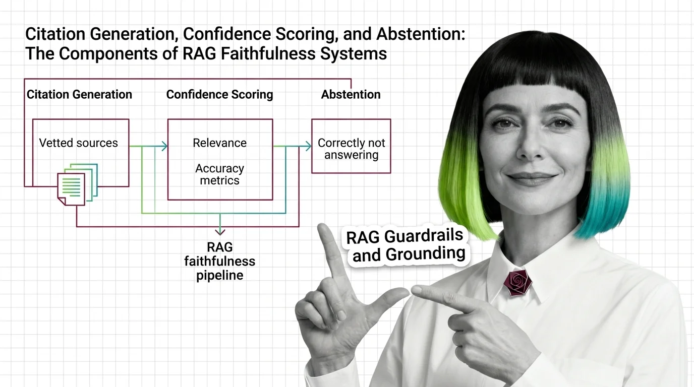 Three-layer diagram of RAG faithfulness: citation generation, confidence scoring, and abstention as separable stages