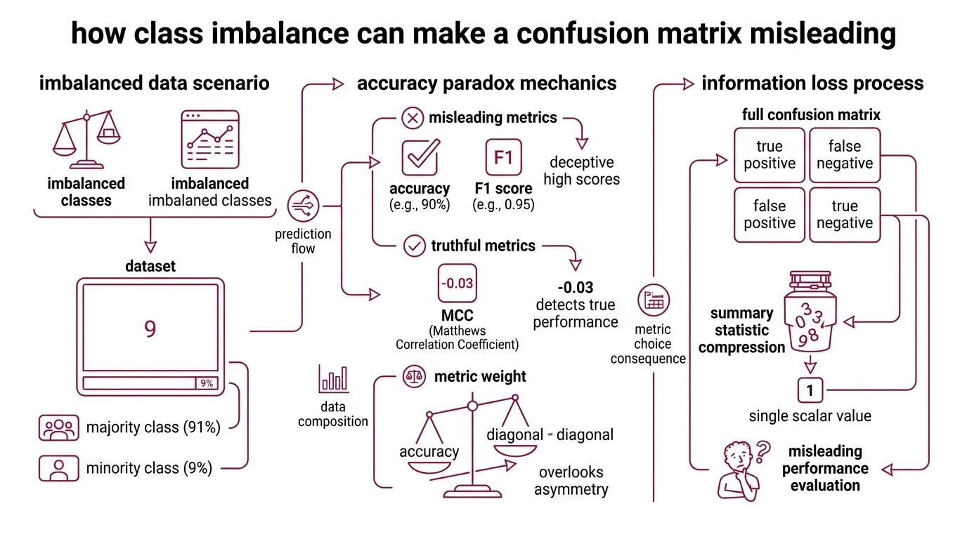Comparison of raw, row-normalized, and column-normalized confusion matrices showing how normalization direction reveals different failure patterns under class imbalance