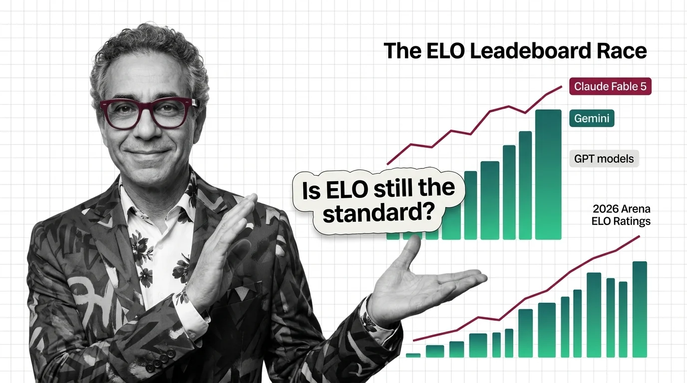 Competitive ELO ranking chart for top LLMs including Claude Fable 5 and GPT-5.5 on the 2026 arena leaderboard
