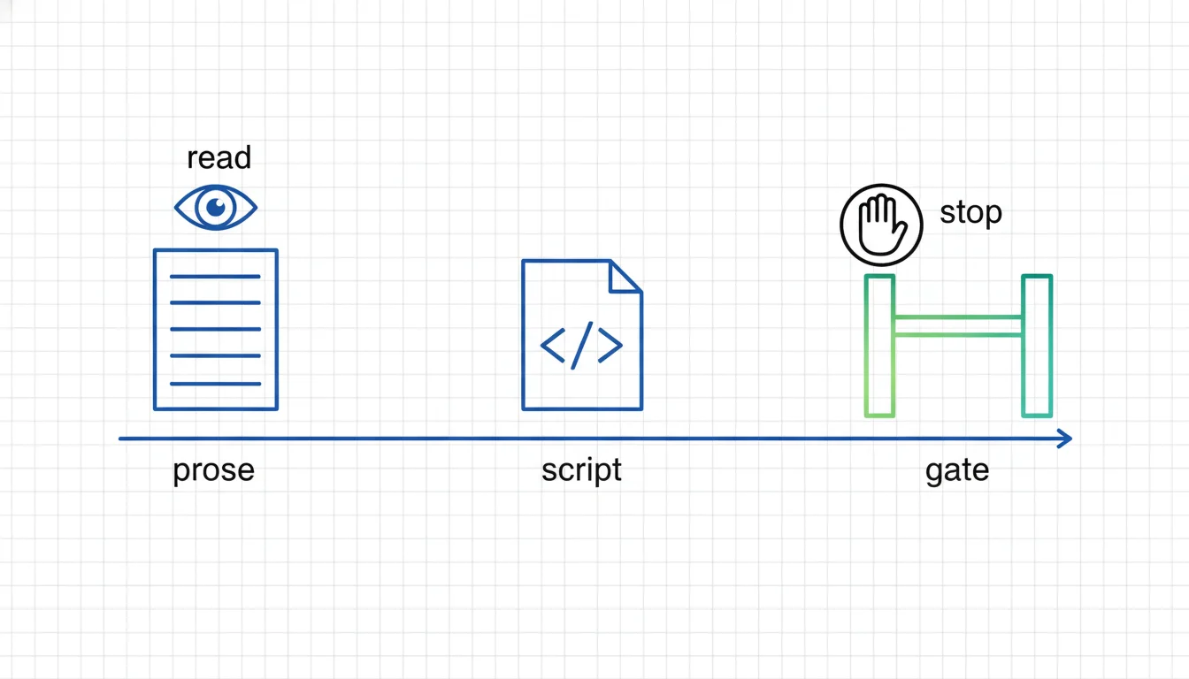 Line-art diagram of where a rule for an AI coding agent can live: a page of prose on the left, a script file in the middle, a gate on the right, joined by one arrow — the article's argument that mechanical rules belong in code that stops the model, not in prose it reads