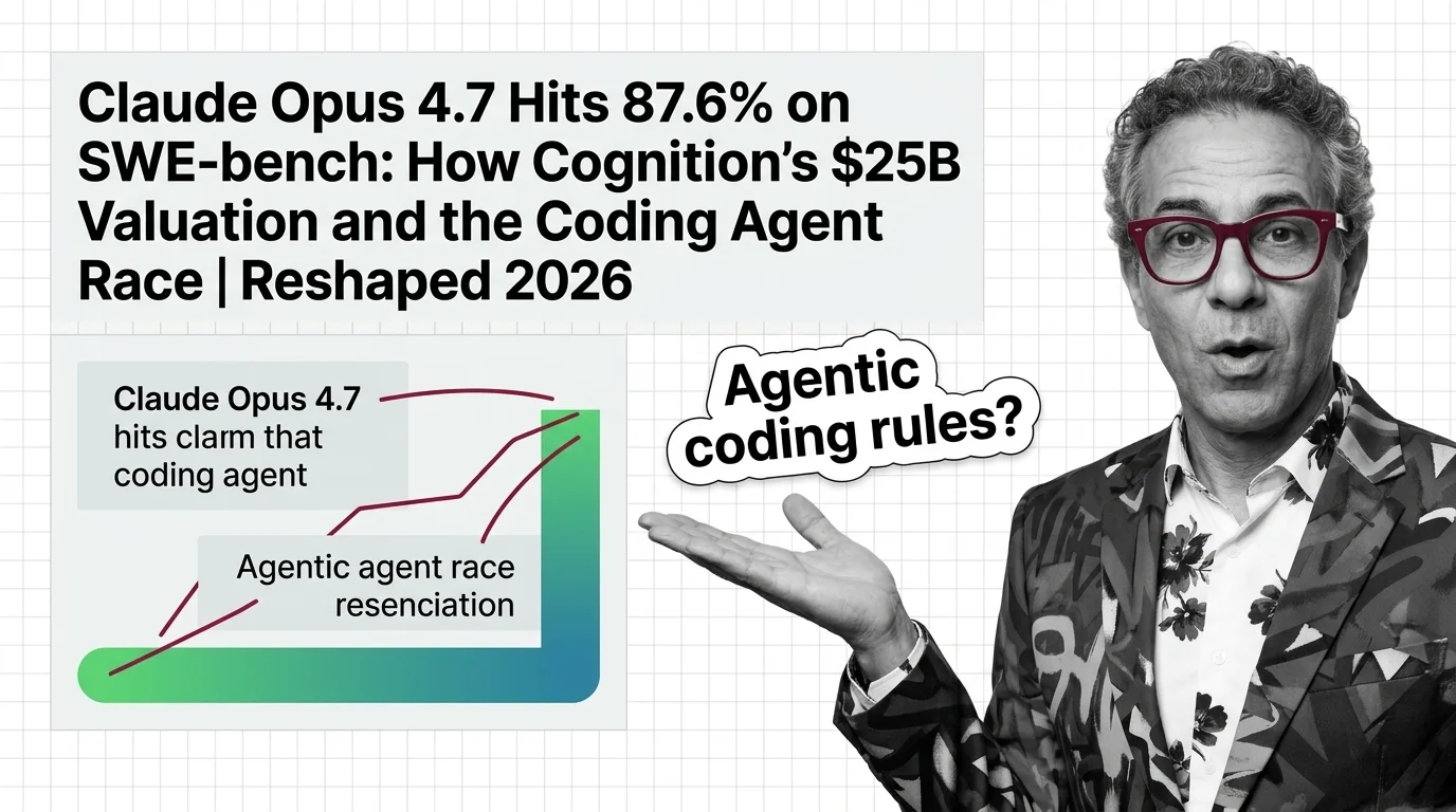 Coding agent benchmark scores and valuation tickers scrolling across developer terminals during the 2026 agent race