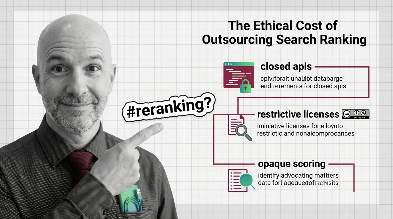 Stylized scales weighing search results behind a locked door, evoking opaque relevance scoring and restrictive AI licensing terms.
