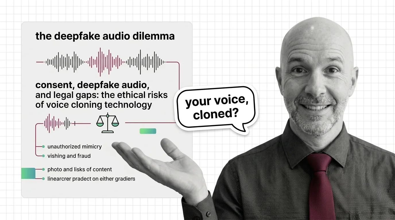 Abstract waveform dissolving into digital noise, representing voice identity and synthetic audio risks