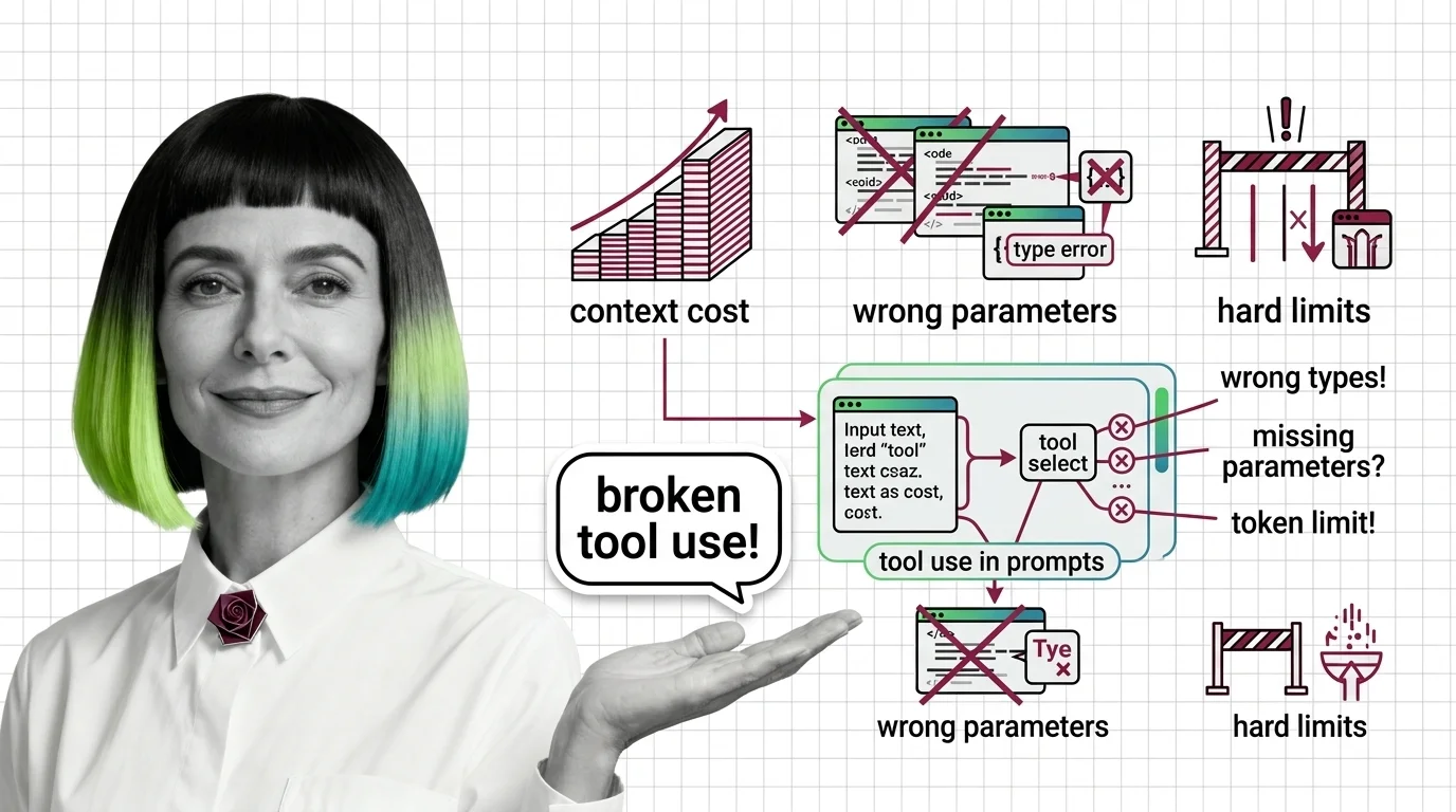 MONA dissecting a function call schema while token meters tick upward and parameter errors cascade in the background