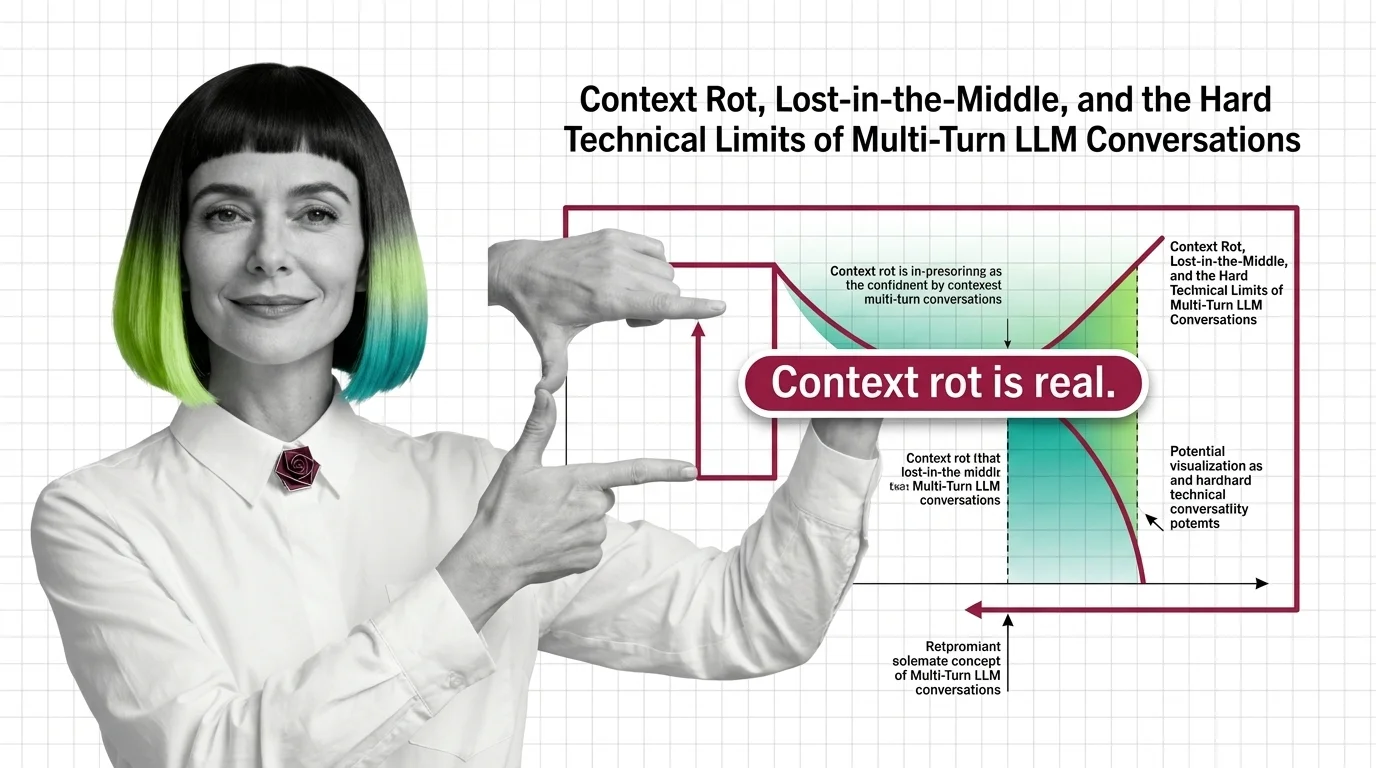 Fading conversation threads showing attention decay and context loss across multi-turn LLM interactions