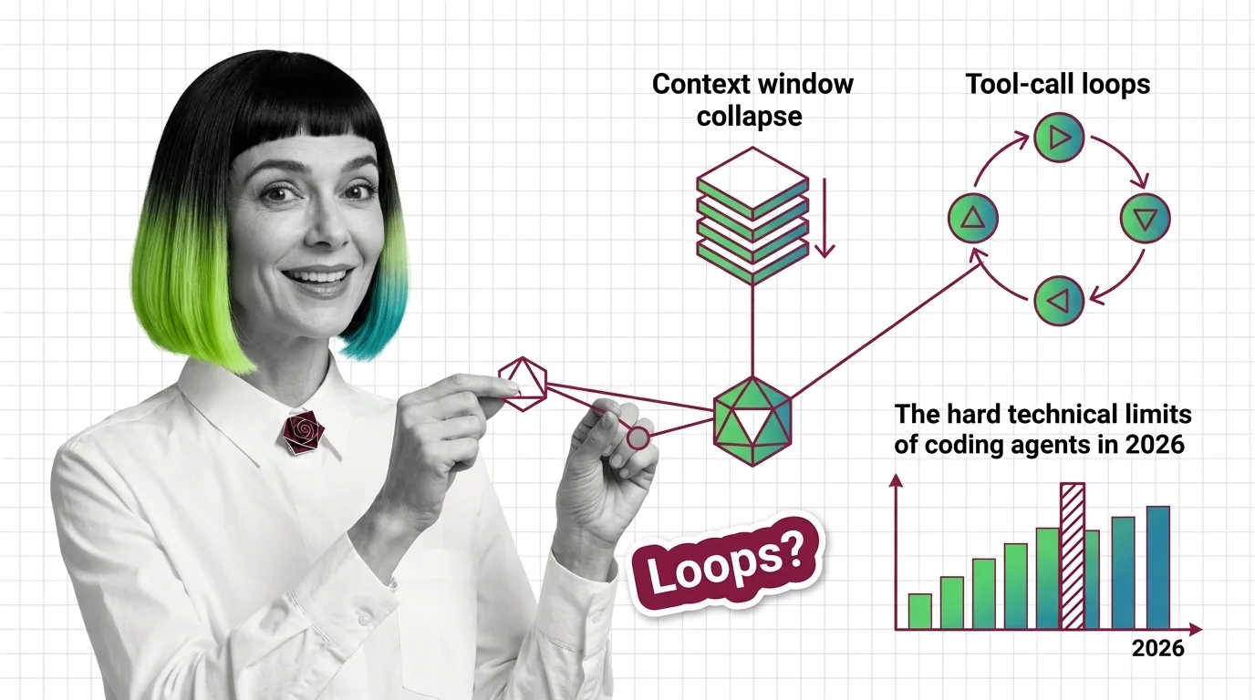 Cascading tokens fading in a context window beside a tool-call retry loop, illustrating coding-agent failure modes