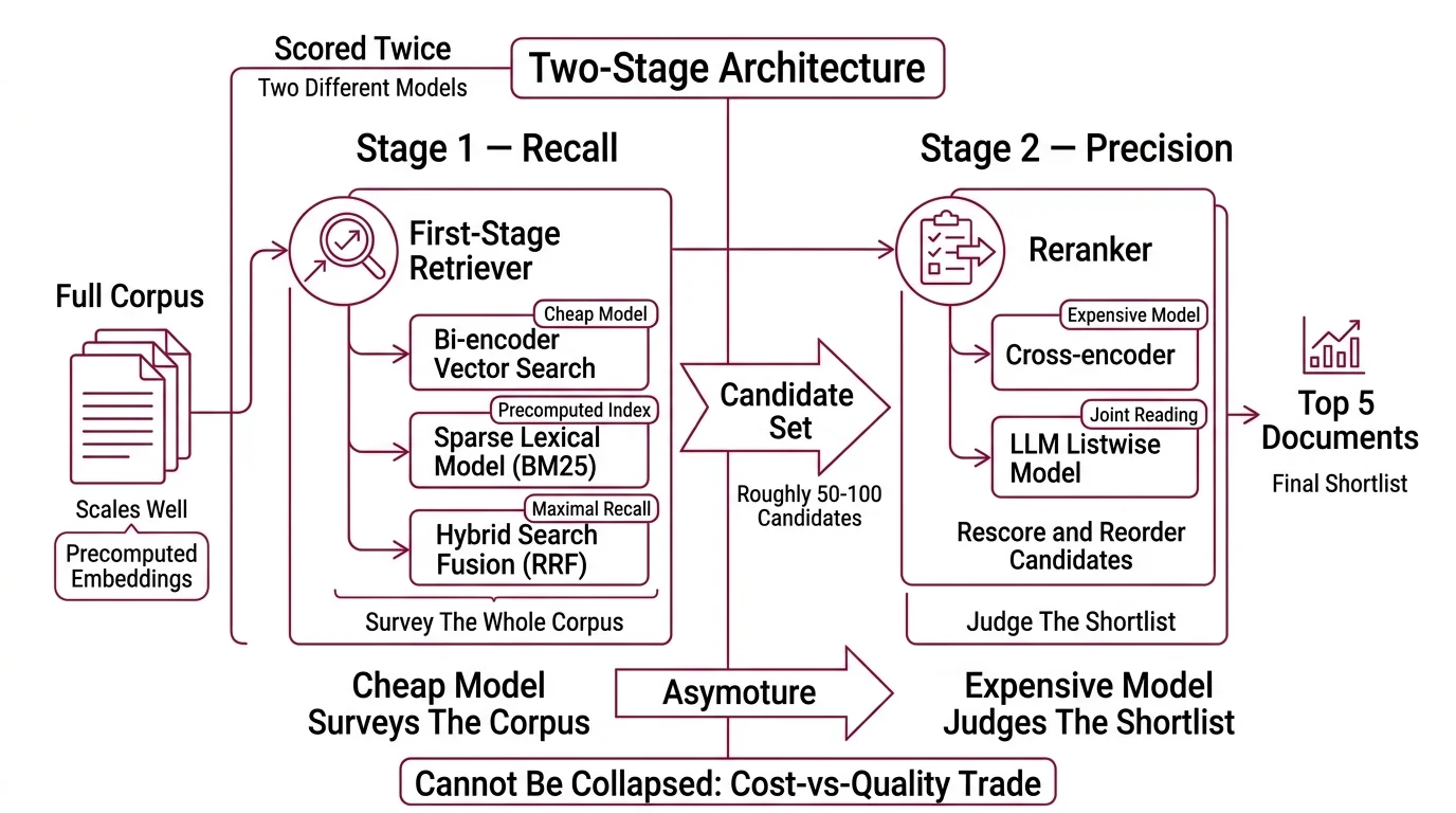 Two-stage retrieve-and-rerank pipeline where a fast bi-encoder shortlists 50 candidates and a cross-encoder reorders them into a top-5 list