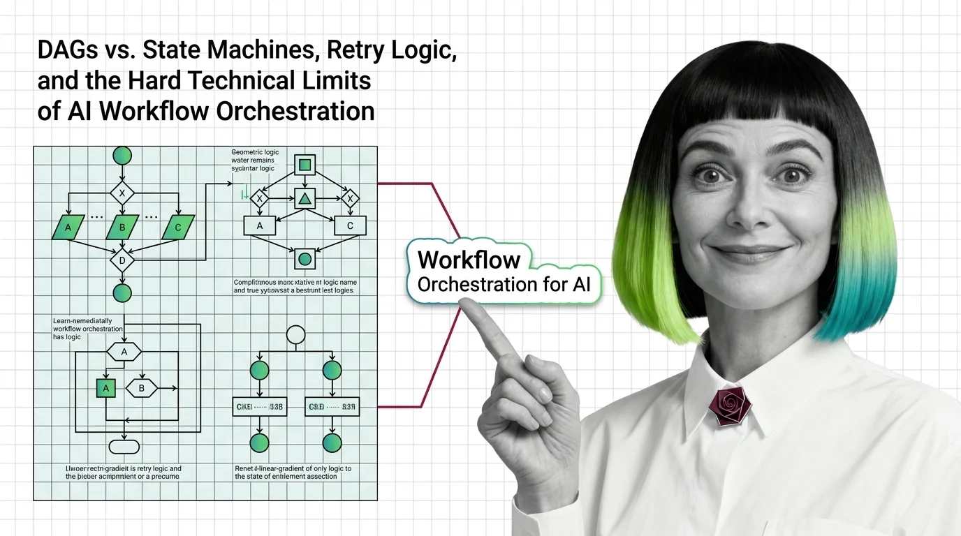 DAG and state machine orchestration patterns side by side, with retry arrows showing how AI workflows recover from failures.