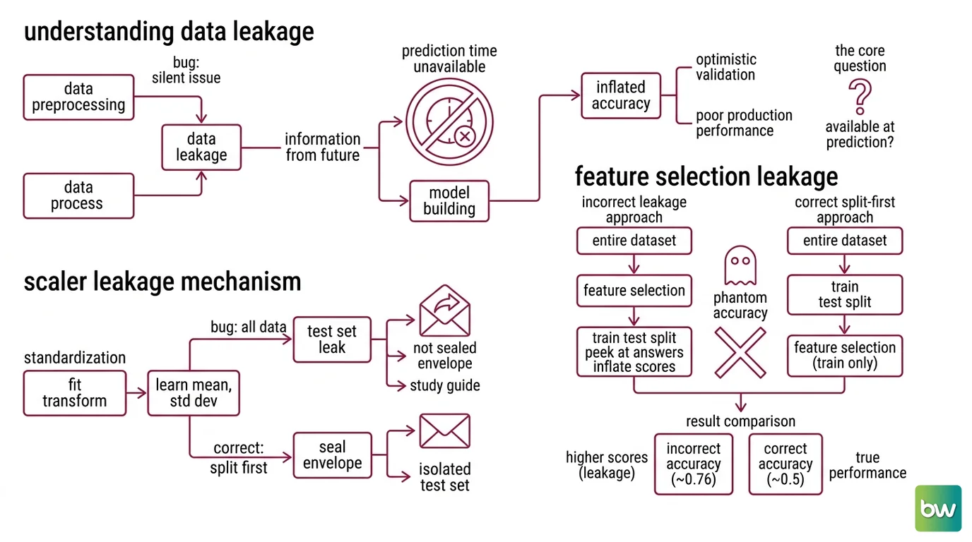 Side-by-side comparison: preprocessing before the train-test split leaks test statistics into training; preprocessing after the split keeps the test set sealed