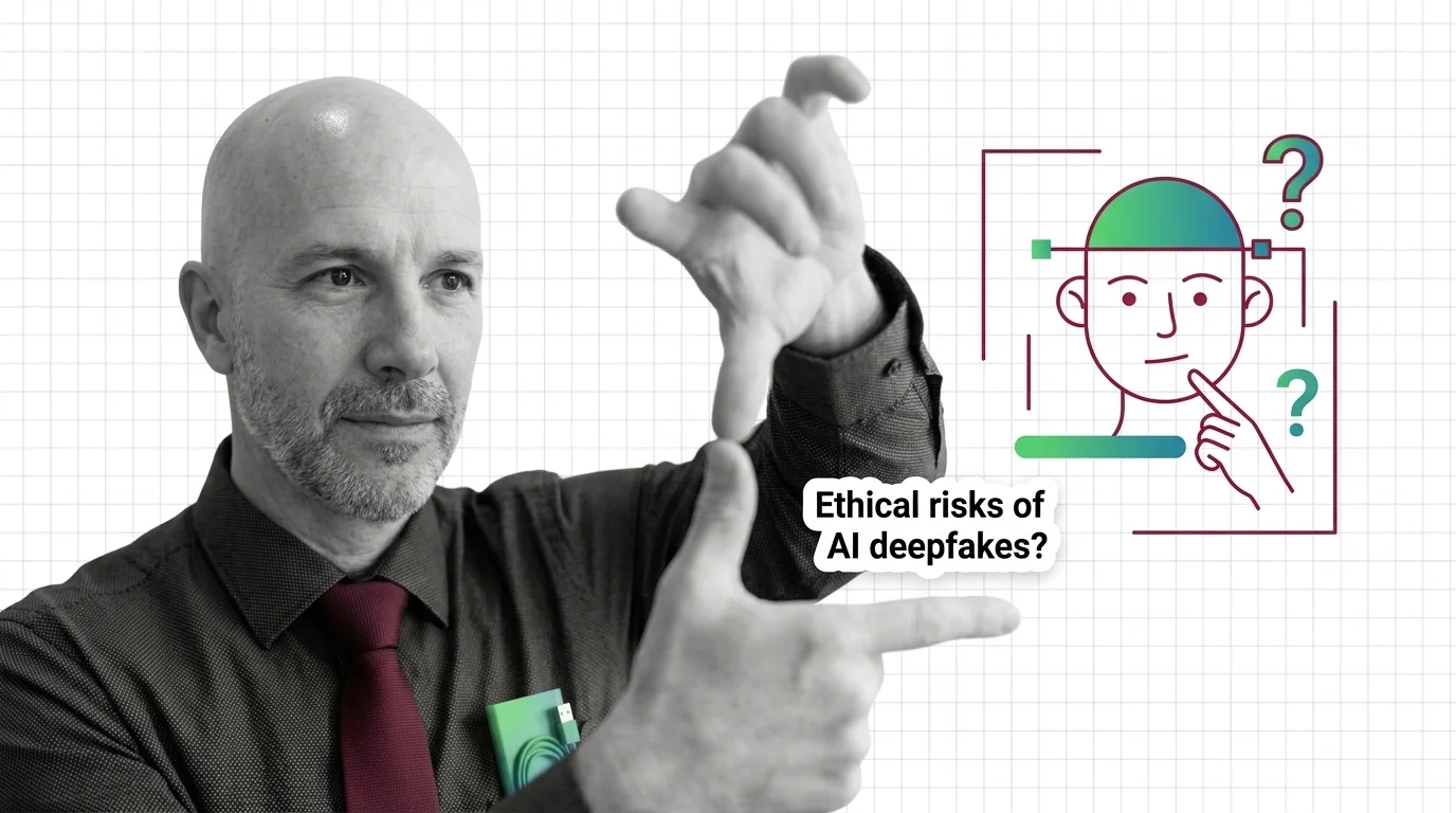 A human face dissolving into a digital mesh overlay, representing consent and identity control in AI video editing