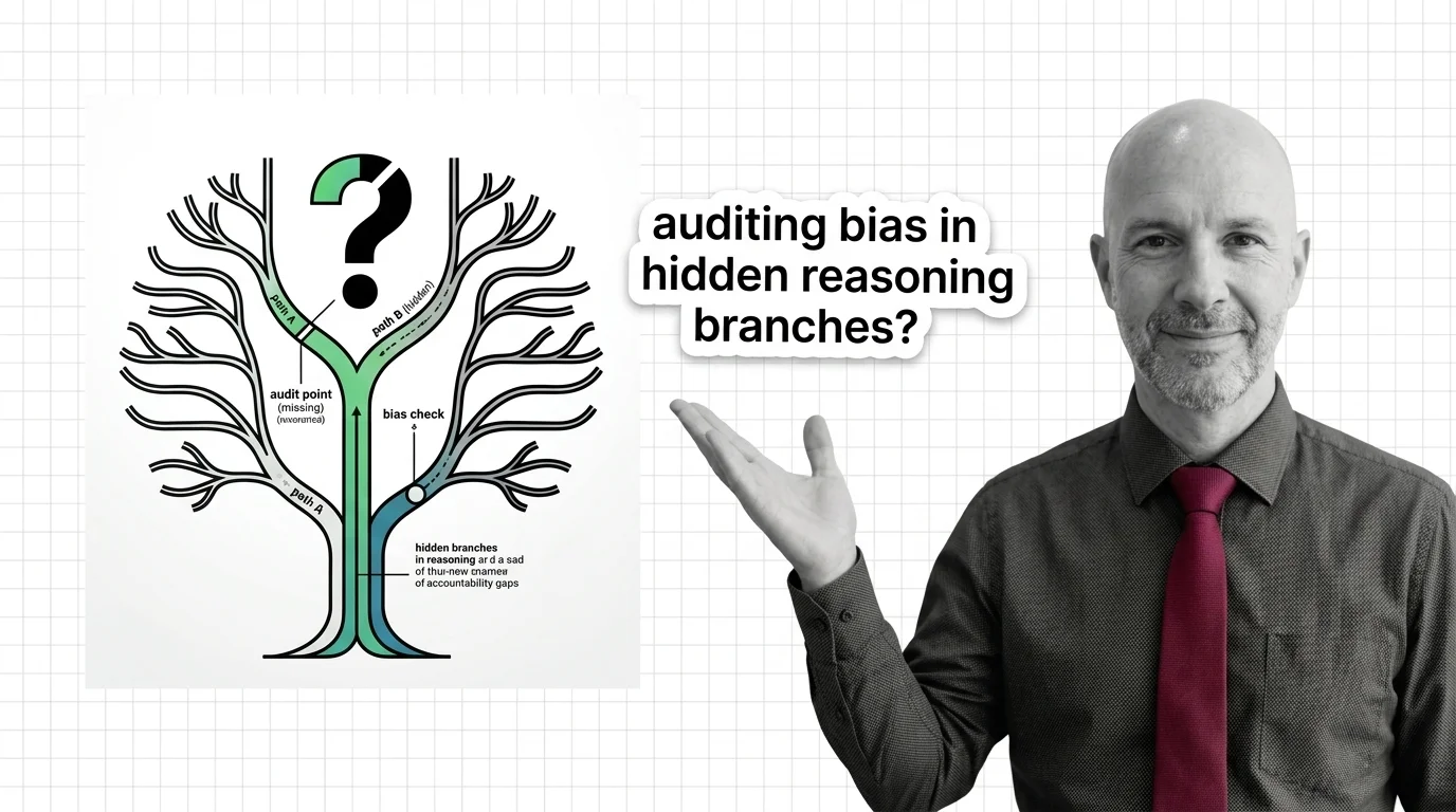 ALAN with red glasses looking at branching AI reasoning paths that represent hidden accountability gaps in machine decisions