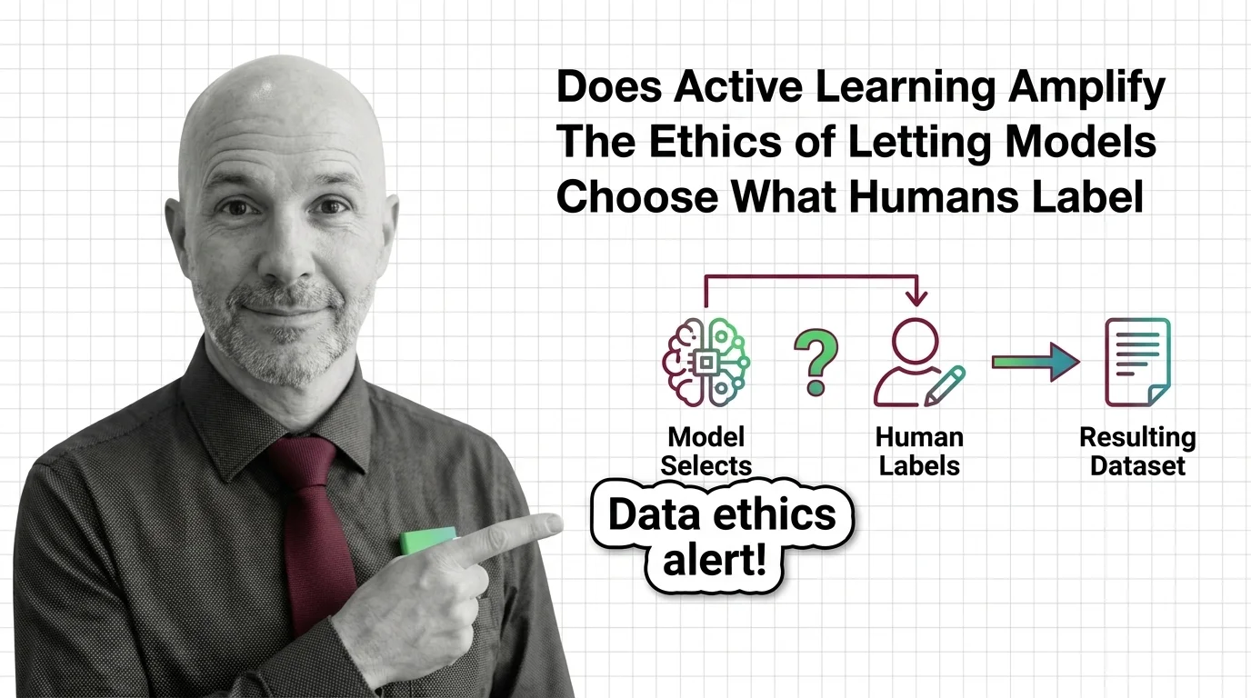 Conceptual view of a model selecting which data points humans will label, and the fairness questions that selection raises
