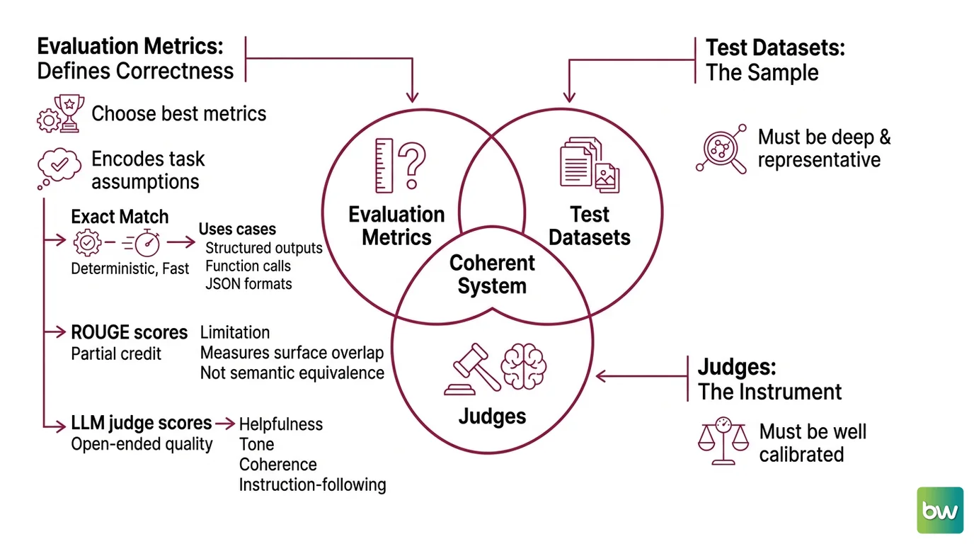 Three-layer diagram of a prompt evaluation system: metrics layer, test dataset layer, and LLM judge layer with calibration set