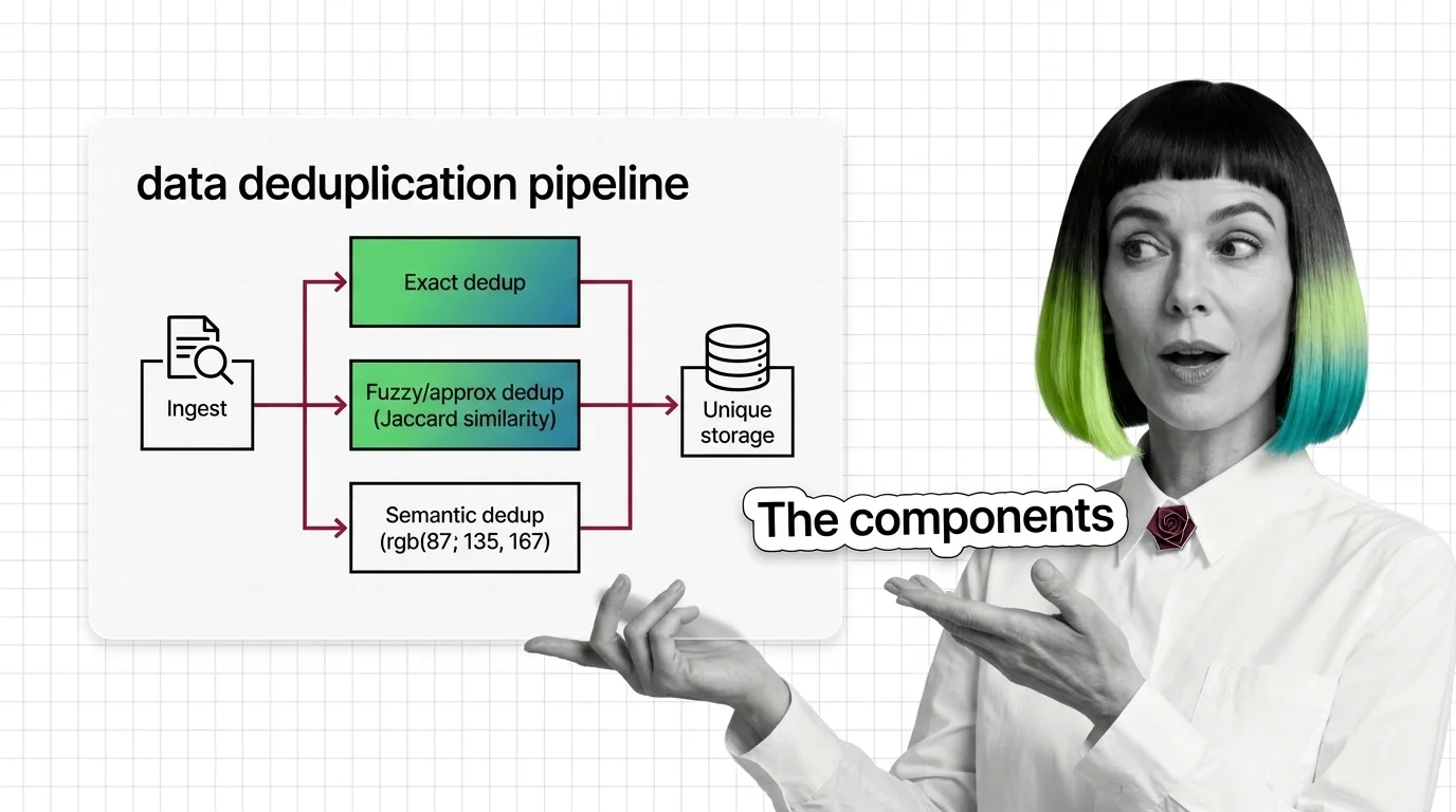 Three-tier data deduplication pipeline: exact hashing, fuzzy MinHash fingerprint matching, and semantic embedding clustering