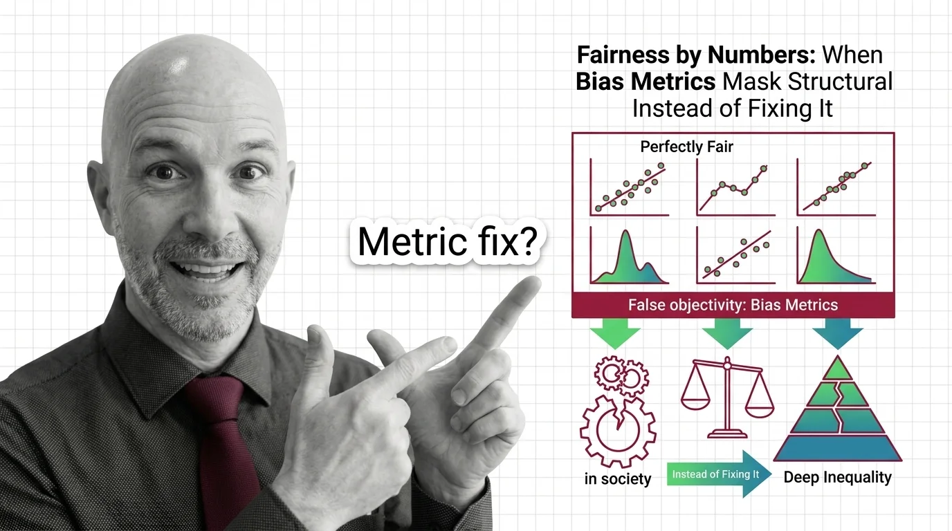Cracked balance scale weighing mathematical symbols against human silhouettes on a stark background