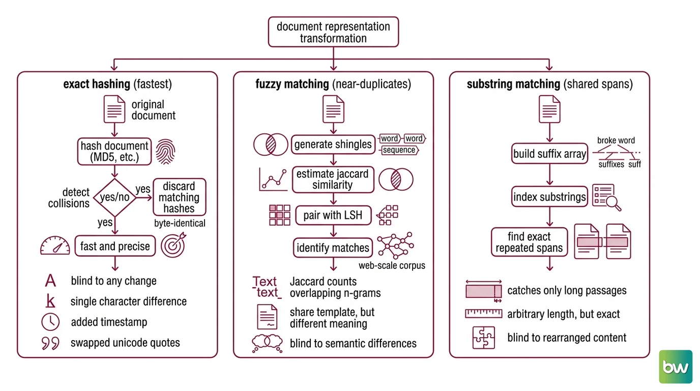 Four deduplication method families — exact hashing, MinHash plus LSH, suffix array, and semantic embedding — arranged along a spectrum from strict surface matching to fuzzy meaning, with the precision-recall tradeoff dial shown beneath