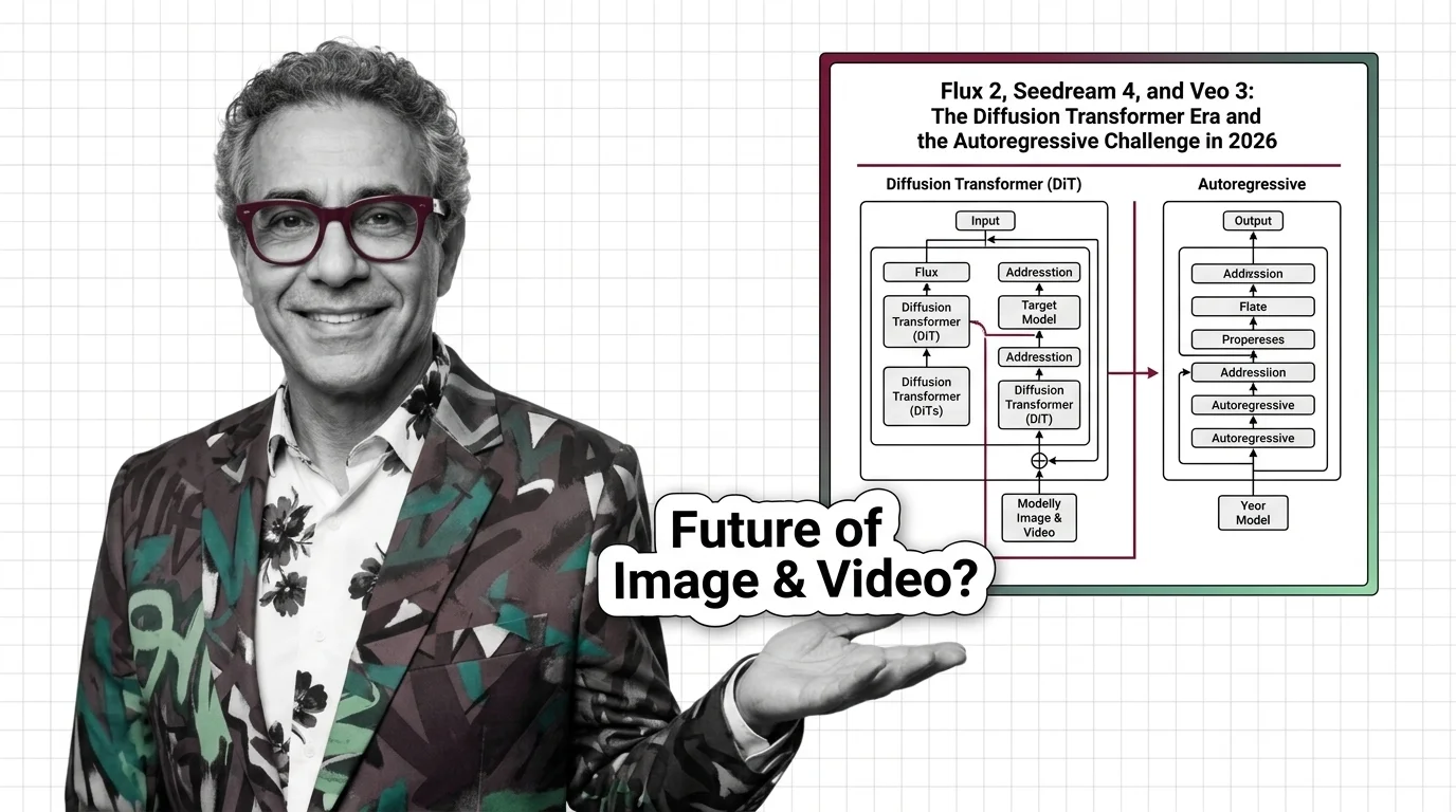 Split diagram contrasting diffusion transformer and autoregressive image-model pipelines on a dark gradient background