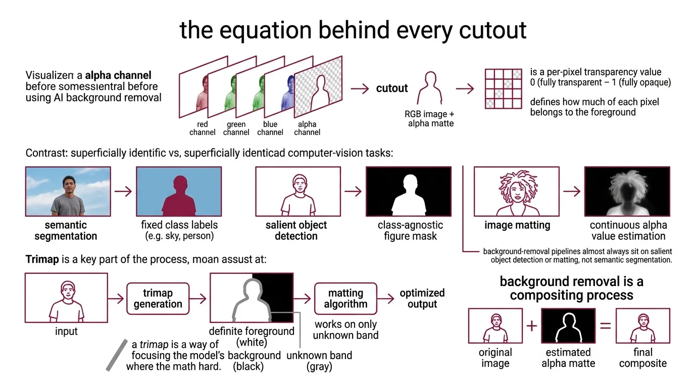 Two-panel diagram: left shows the compositing equation I=alpha*F+(1-alpha)*B with a trimap split into foreground, background, and unknown band; right shows four failure regions (hair, glass, motion blur, sheer fabric) annotated against the equation
