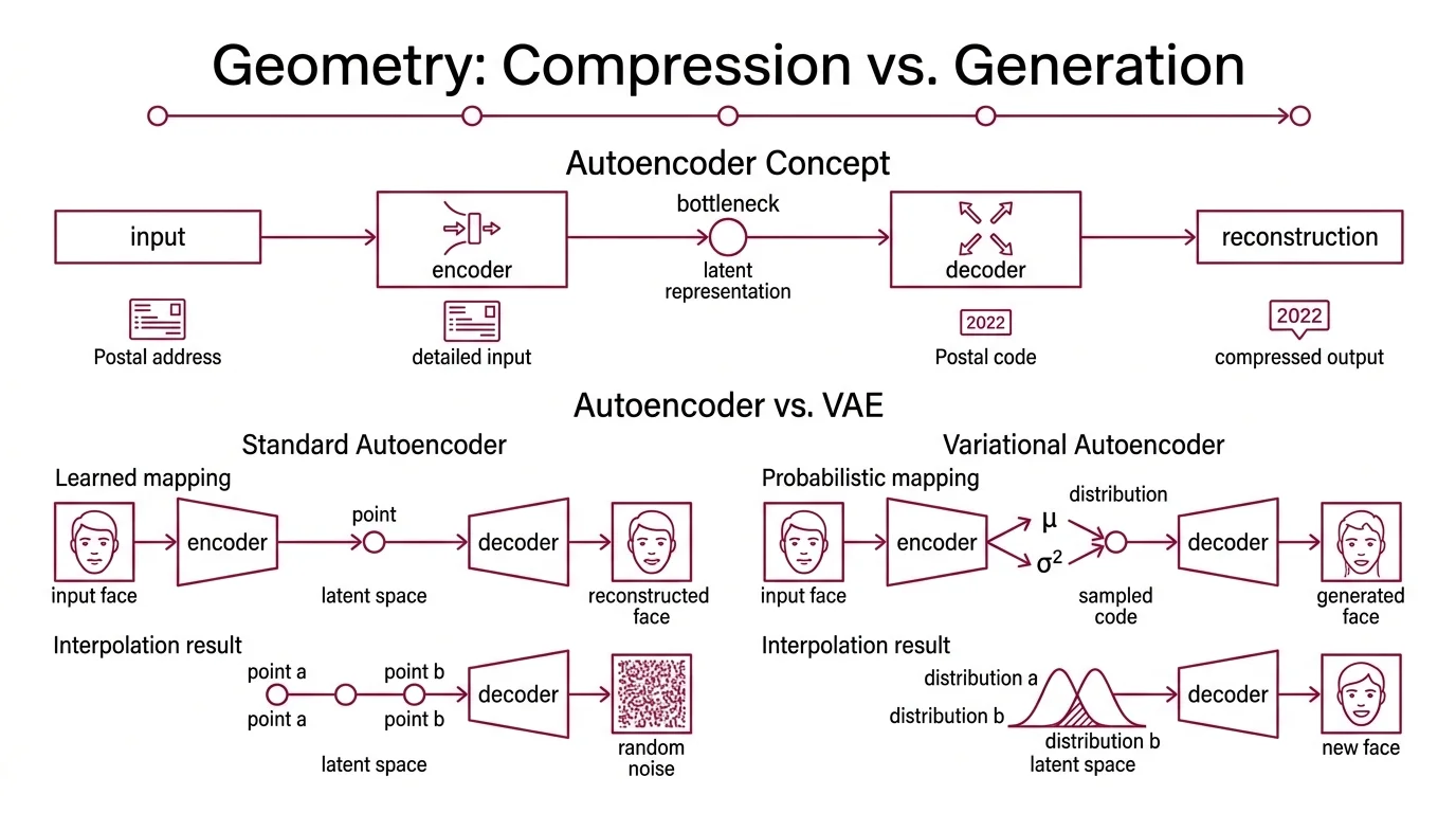 Comparison diagram showing how autoencoders, VAEs, GANs, and diffusion models handle latent space and reconstruction differently