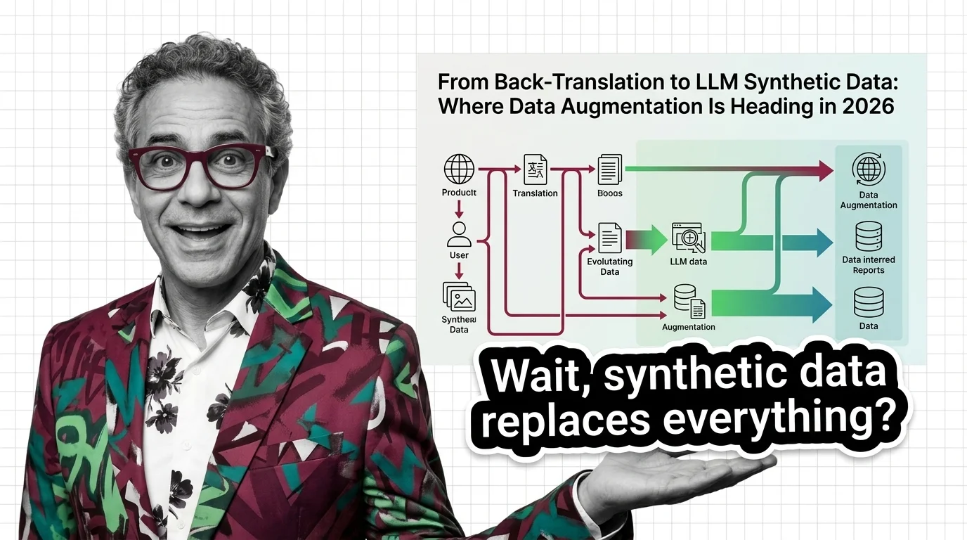 Split diagram contrasting image crop-and-flip augmentation with LLM-generated synthetic text data for 2026 model training